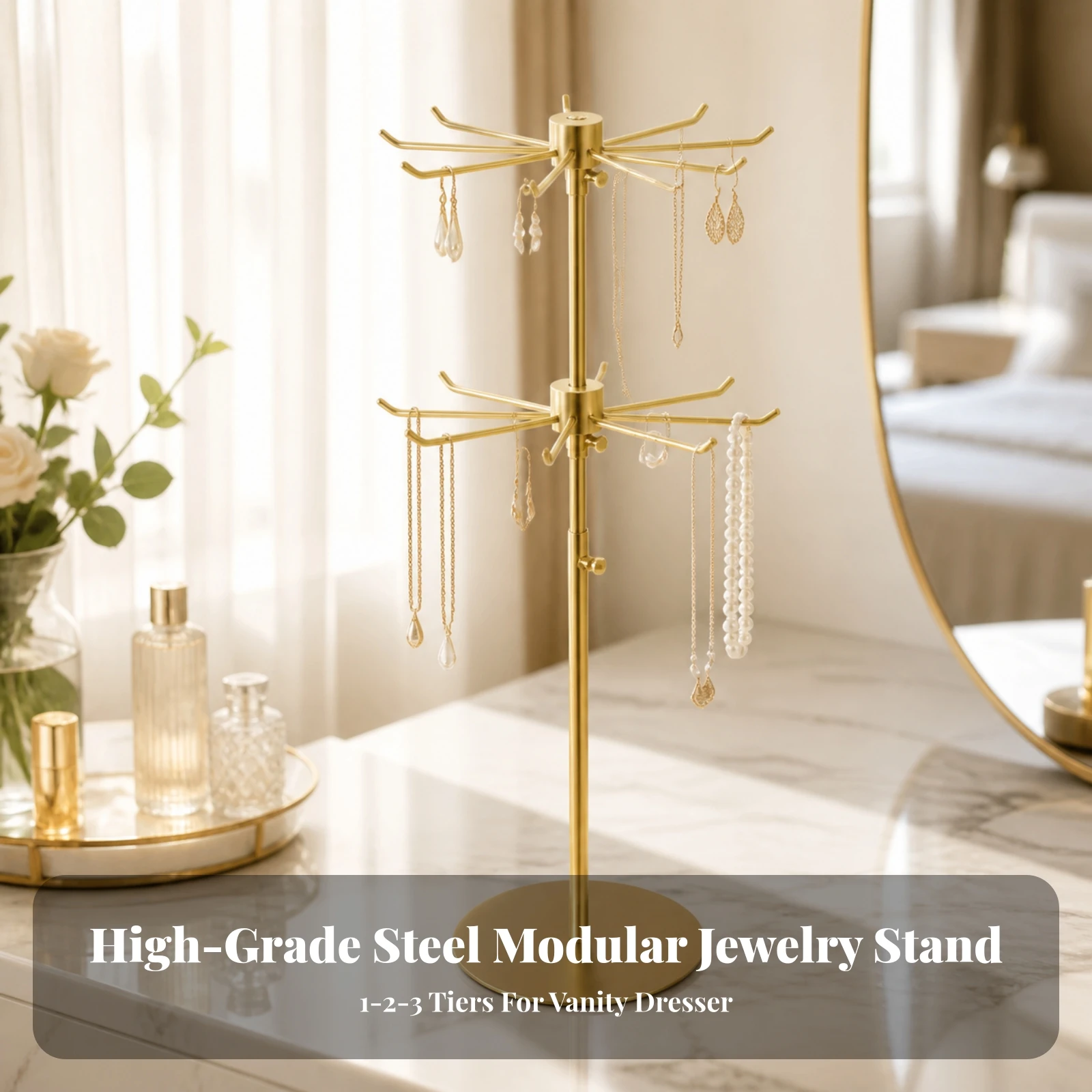 Jewelry Display Stand with Round Base Tabletop Jewelry Display Rack Necklace Holder with Hooks Countertop Accessory Hanger Metal
