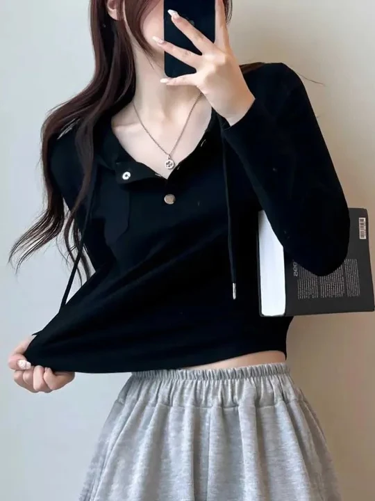 T-shirt à capuche français Sle Long Sve pour femmes, longueur ort f, col ouvert, boutonné, haut Chic pour la saison d'automne