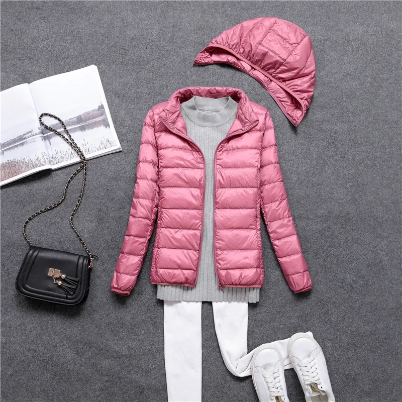 Women Down Jacket Autumn Winter New Ultralight Thin Packable Fashion Short Puffer Coat Female Hat Detachable Slim Casual Coat