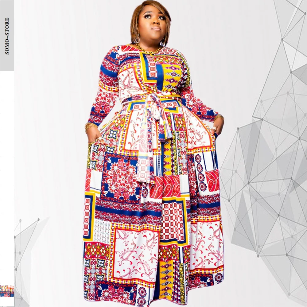 

Autumn Women's Clothing Digital Printing Temperament Round Neck Waistband Long Sleeve Plus Size Dress 4xl Wholesale Dropshipping