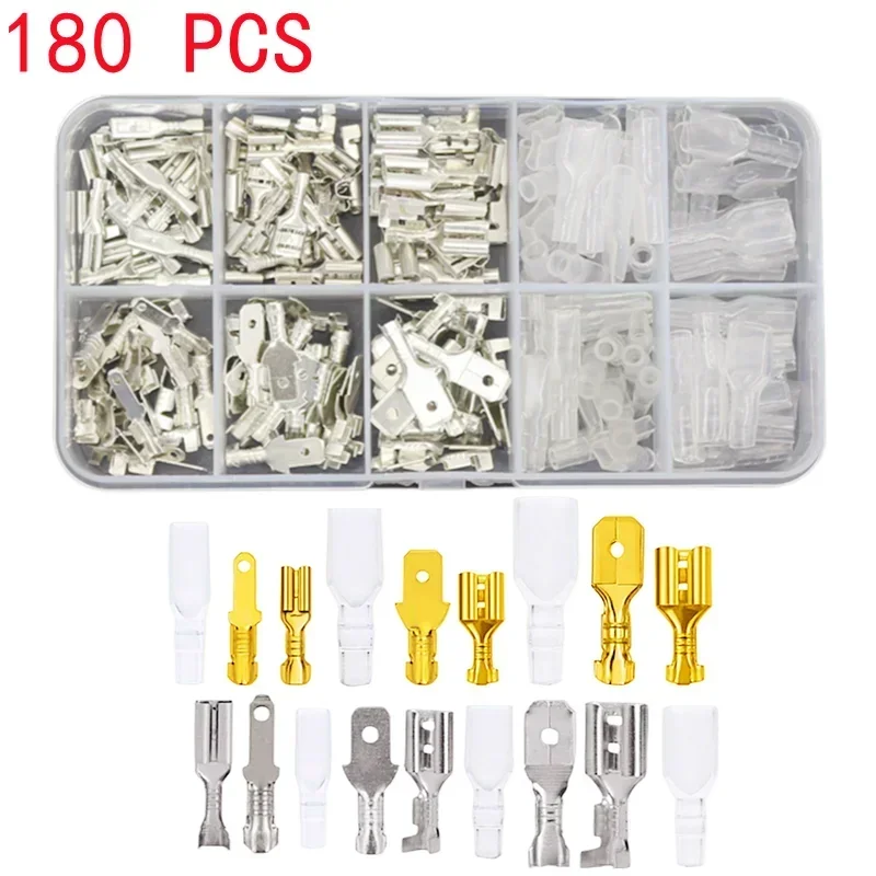 180pcs Box-Packed,Gold/Silver Crimp Terminal,Male and Female Docking 2.8/4.8/6.3mm,Wire Connector,Electrical Terminals