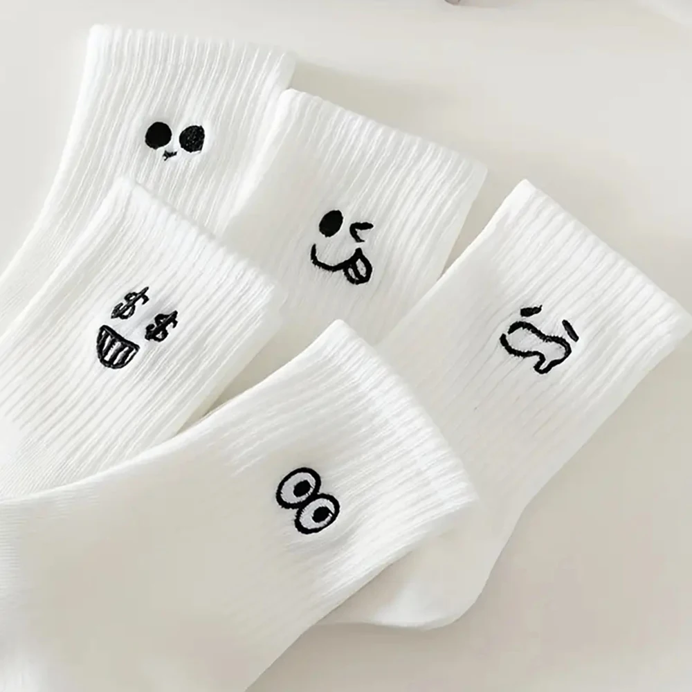 5 Pairs Women\'s Cartoon Socks Round Neck Mid Tube Fashionable Cute Expression Pattern Socks Casual Breathable Autumn Girls Socks