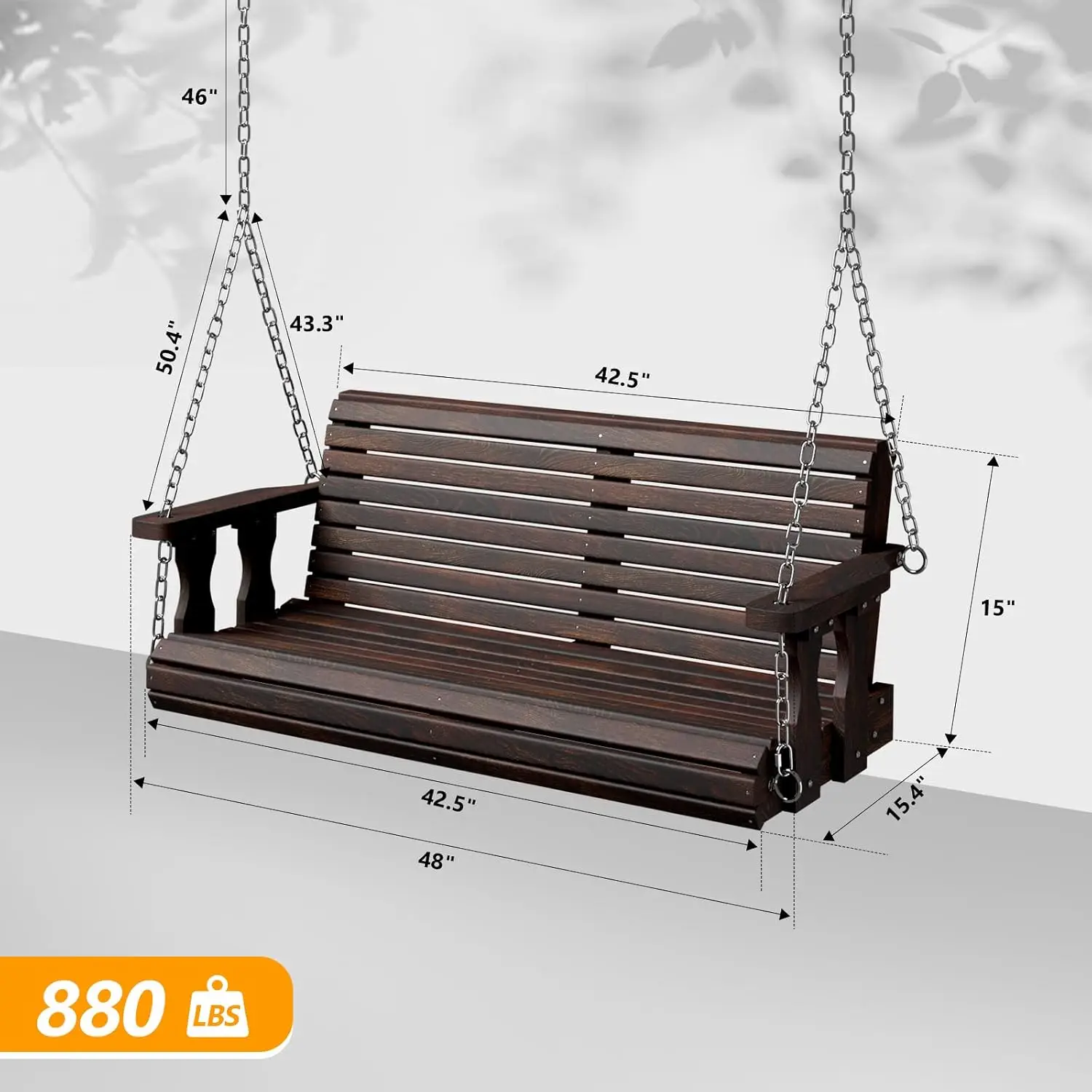 4FT Wooden Porch Swing with Frame, Heavy Duty 880 LBS Outdoor Hanging Bench, Courtyard & Garden, Customized