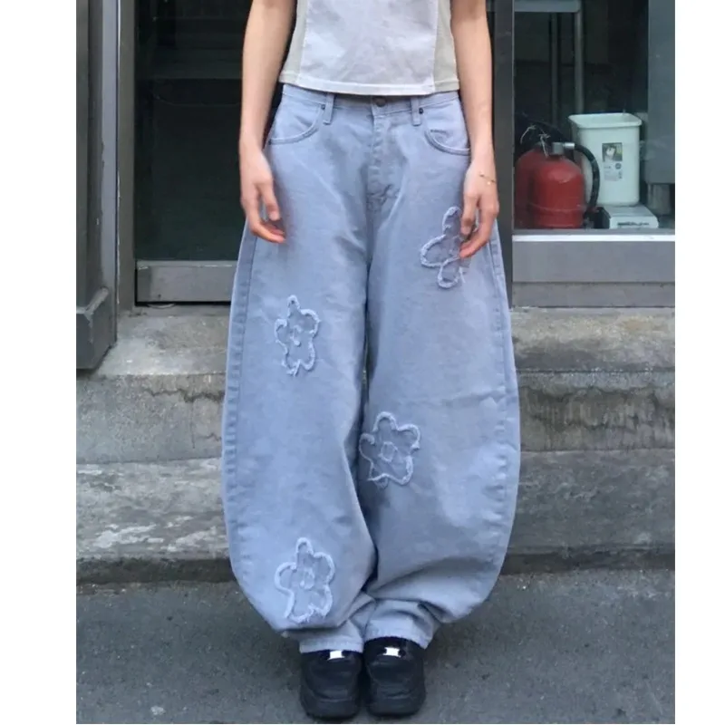 Retro Washed Embroidered Wide Leg Jeans High Waist Casual Style Cotton Denim Pants Loose Fit Long Trousers for Women