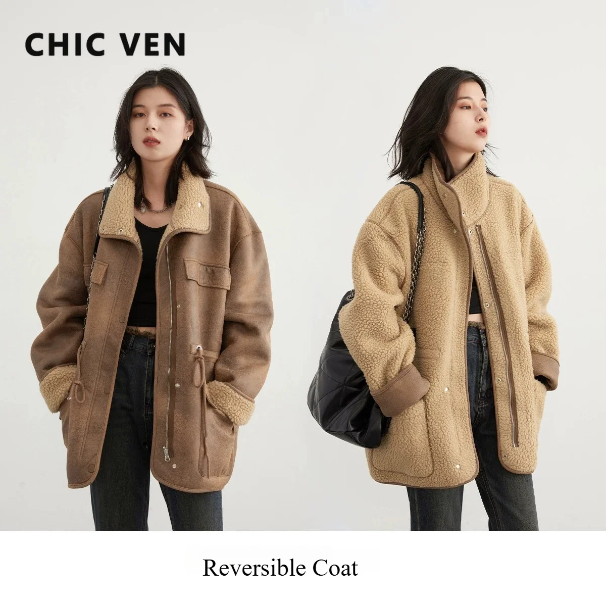 CHIC VEN Women Jackets Loose Casual Thick Solid Suede Reversible Jacket Motorcycle Outer Wear Female Overcoat Winter Autumn 2026