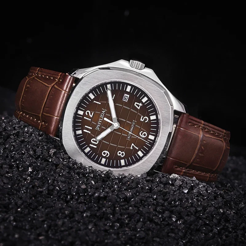 10Bar 39mm PHYLIDA Brown Men\'s luxury Watch Custom Wristwatch JAPAN MIYOTA Automatic Sapphire Crystal Leather Strap Luminous