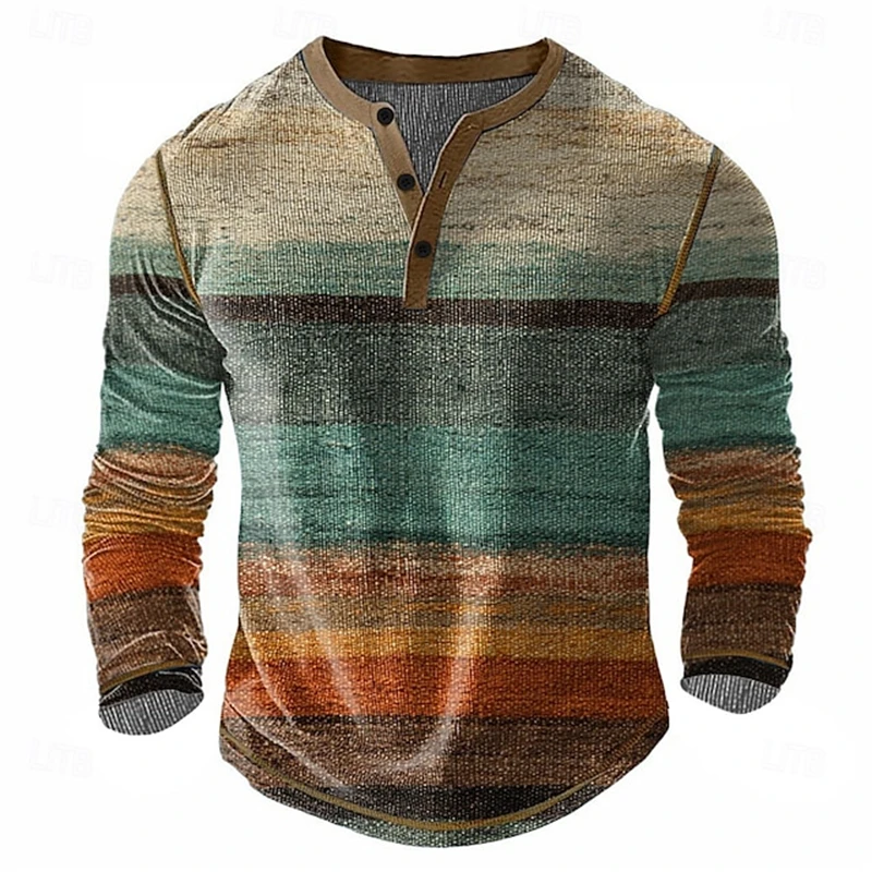 Men's Henry Long-Sleeve T-Shirt Waffle-Weave Striped Print Button-Down V-Neck Relaxed Fit Fall Men's Pullover Streetwear Top