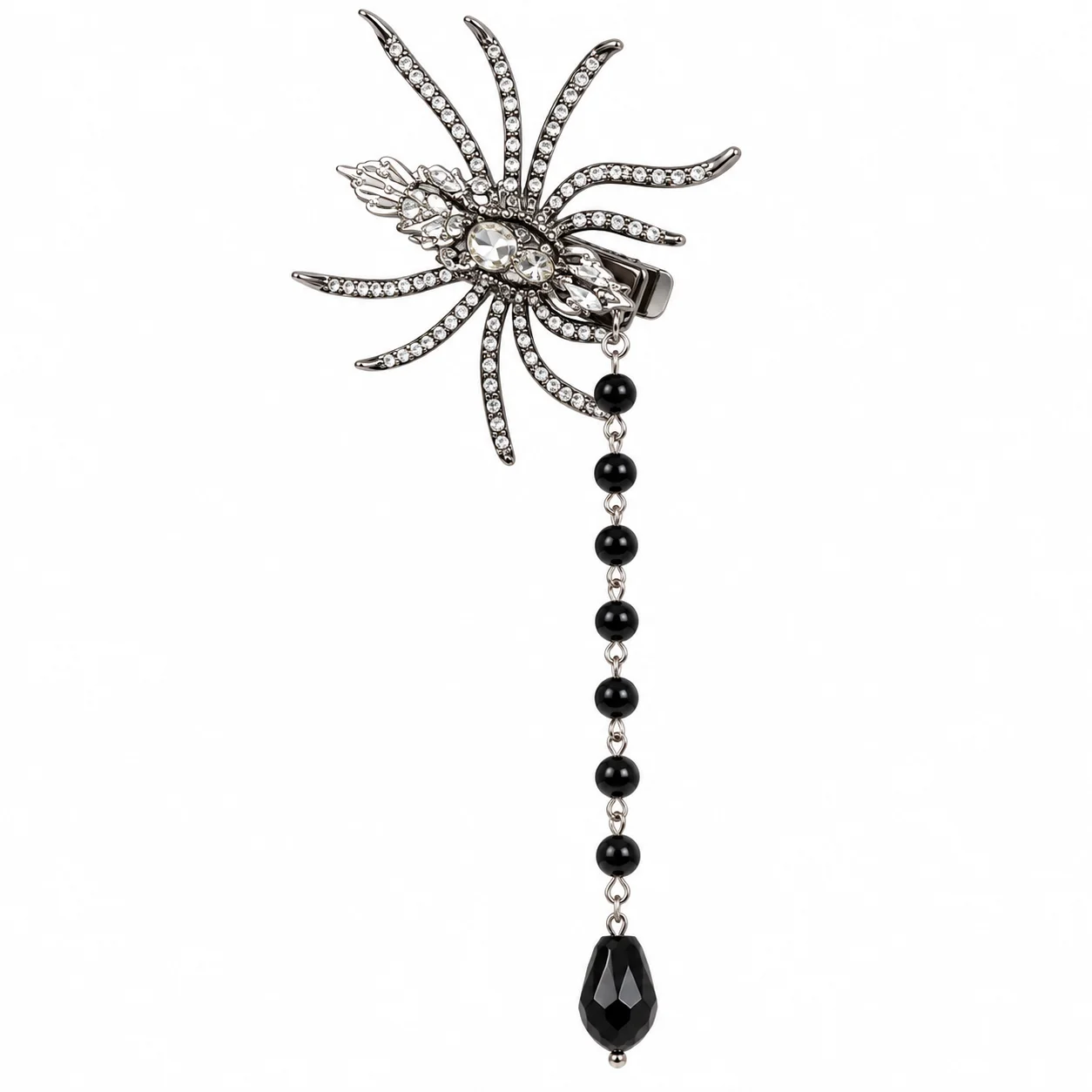 Gothic Punk Spider Hair Clip with Red Rhinestones and Dangle Chains, Dark Alternative Halloween Cosplay Hair Accessory