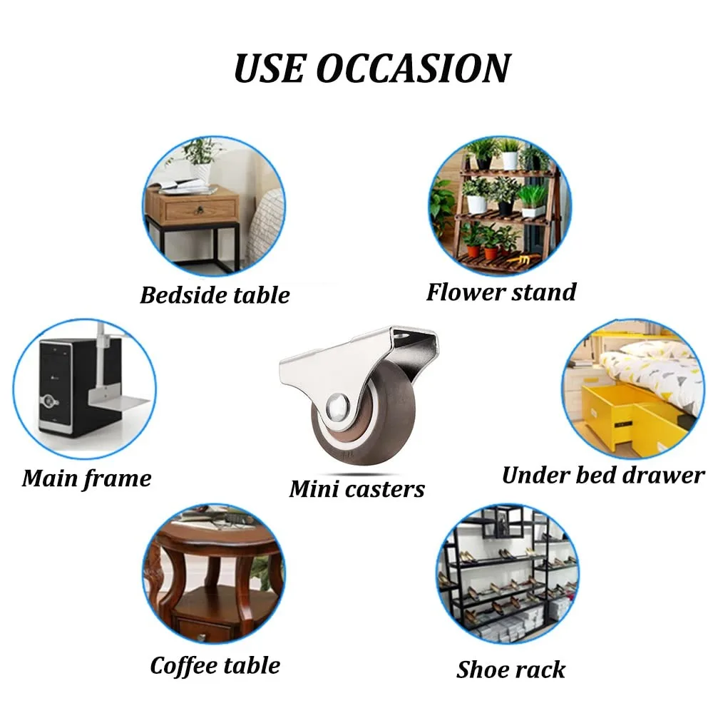 1 Inch Mini Fixed Casters, Rubber Wheels with Bearings, 130LBS Capacity, Quiet Smooth Motion, Heavy-Duty Steel Frame