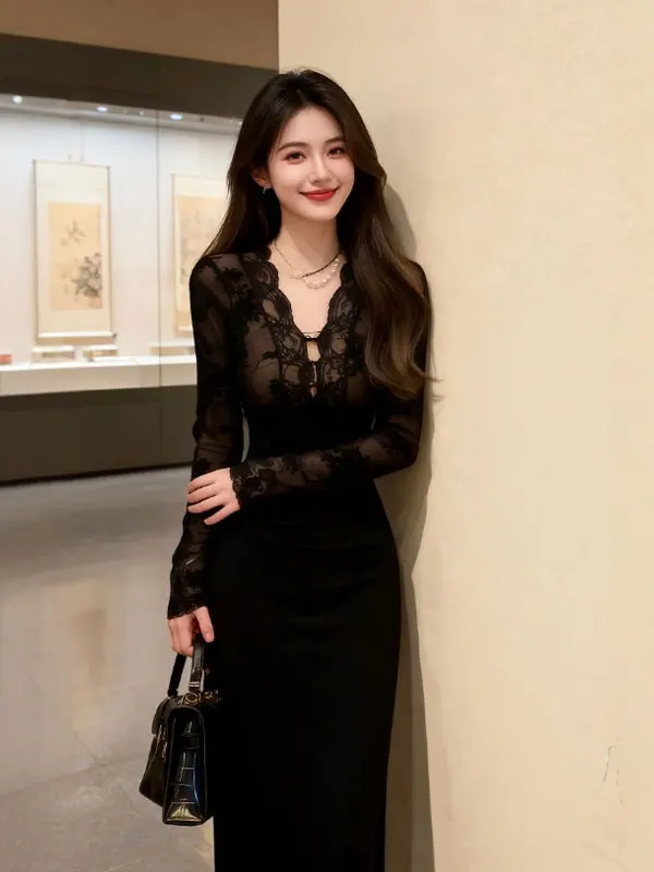 

Ele Bla Slim Fit Long Dr V-Ne Wrap Body Winter Unique Sle Women's Faion High Waist Cotton Dr for Busin