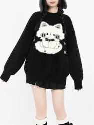 Women Kawaii Fuzzy Knit Sweater Girls Lolita Harajuku Fashion Gothic Cute Cat Winter Pullover Streetwear Soft Fluffy Black