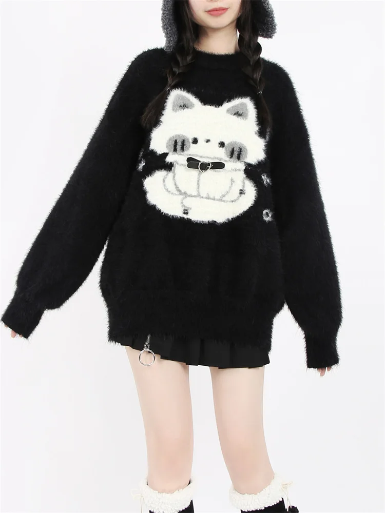 Women Kawaii Fuzzy Knit Sweater Girls Lolita Harajuku Fashion Gothic Cute Cat Winter Pullover Streetwear Soft Fluffy Black