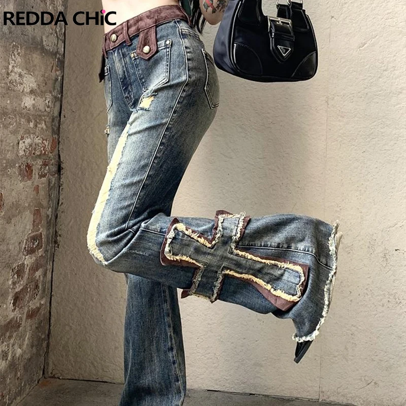 ReddaChic Cross Patchwork Bootcut Pants for Women Destroyed High Rise Slim Trousers Y2k Flare Jeans 90s Retro Korean Streetwear