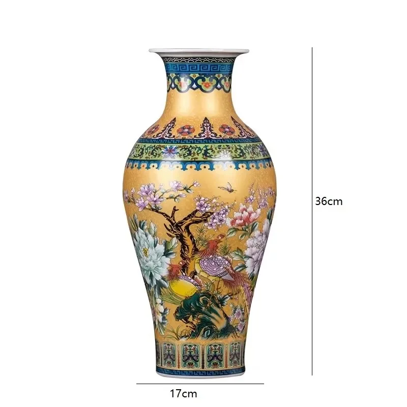 Cerámica Jingdezhen dorada de 36cm, decoraciones de jarrón de colores esmaltados de estilo chino, decoración del hogar, sala de estar, estante antiguo, jarrón ins