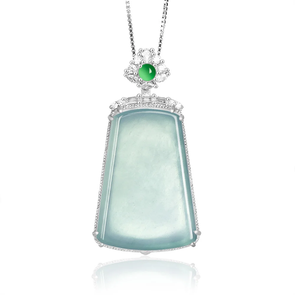 

925 Silver Natural Ice Jadeite Carved Simple Trapezoid Lucky Pendant Amulet Necklace Certificate Luxury Jade Vintage Jewelry