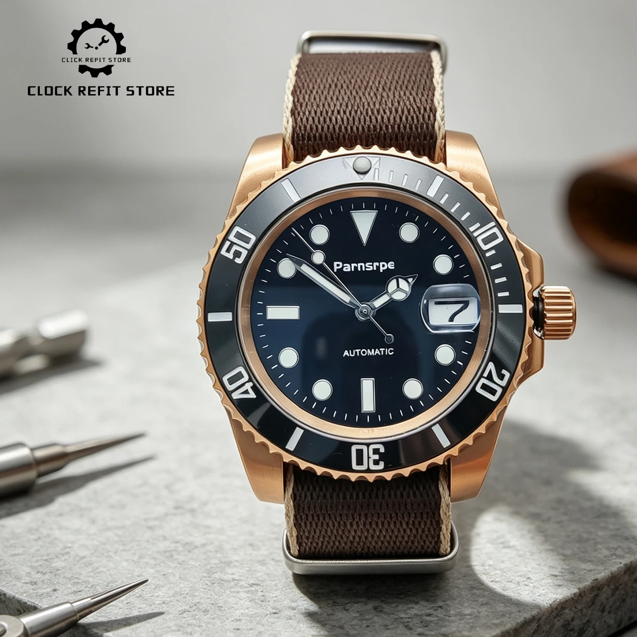 40mm NH35 Custom Logo Black Dial Watch, Mineral Crystal Solid Caseback Luminous Nylon Strap, DIY Gift Watch