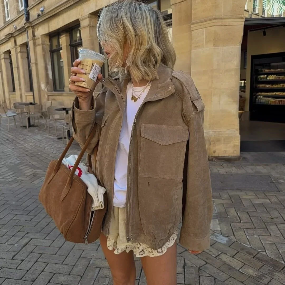 Autumn Winter New Arrival Women's Faion Versatile Faux Leather Velvet Texture Jaet Loose Fit Polyester Long Sve Zipper