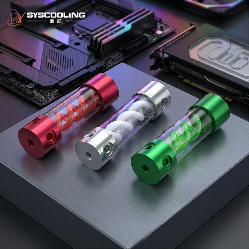 SysCooling T Virus Helix Suspension Cylinder Water Cooling Reservoir 200mm Aluminum Tank Red Green Silver DIY Liquid PC Parts