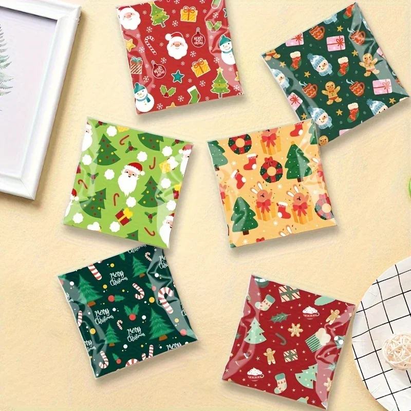 100 قطعة من أكياس هدايا عيد الميلاد ذاتية اللصق، سانتا احتفالية، شجرة، رجل خبز الزنجبيل لتزيين العطلات، هدايا الحفلات