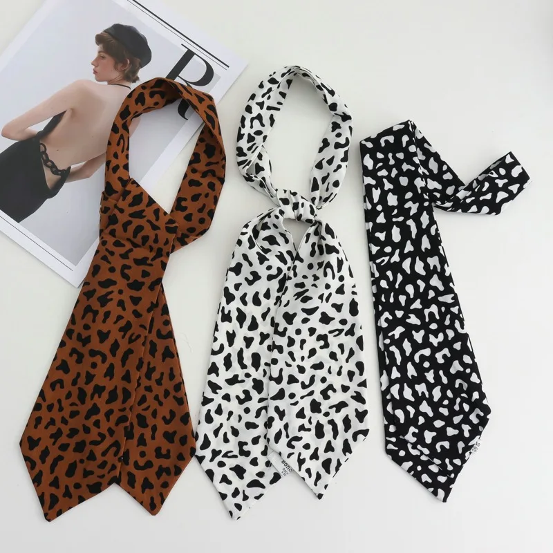 Vintage Leopard Print Polka Dot Long Silk Scarf Women's Neck Tie Hot Girl High-Grade Thin Tie Thin Narrow Ribbon Scarf Headband