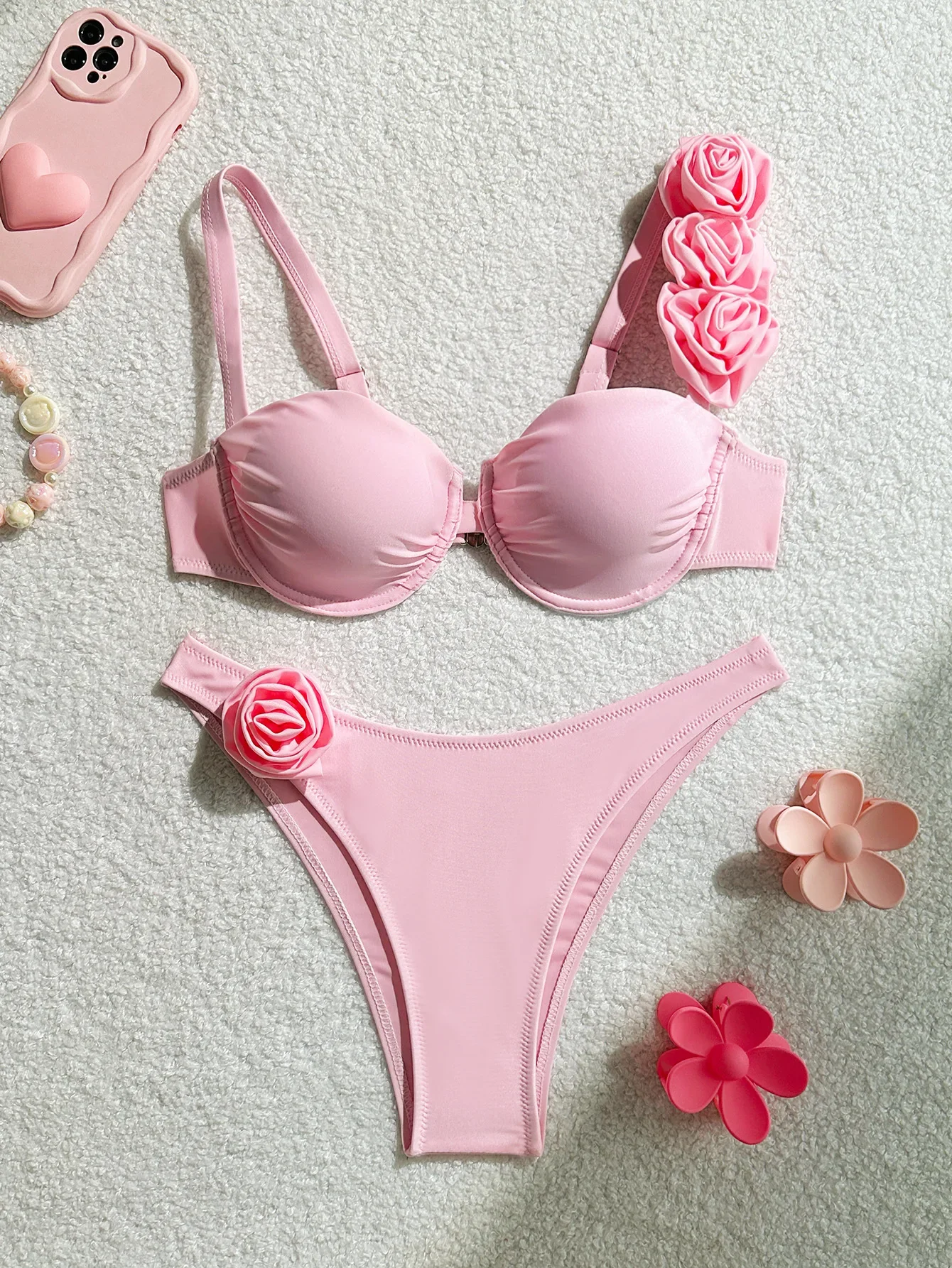 Sexy Pink Bikini Set 2025 Women 3D Floral Push Up Underwire Micro Swimsuit Summer Bathing Suit Holiday Thong Swimwear Biquini