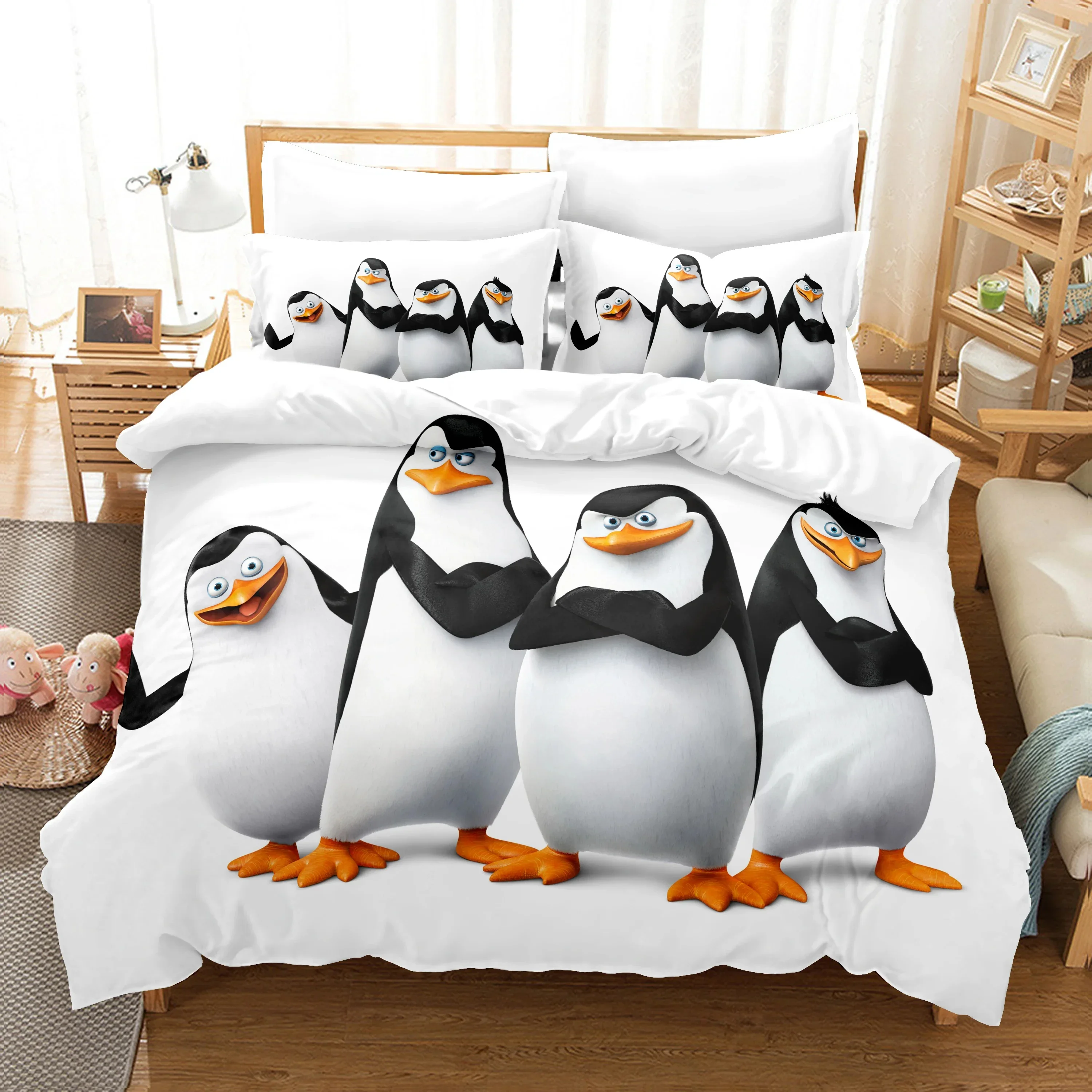 Exquisite Cartoon Penguins Madagascar Bedding Set,Duvet Cover Bed Set Quilt Cover Pillowcase,King Queen Twin Size Boys Girls Adu