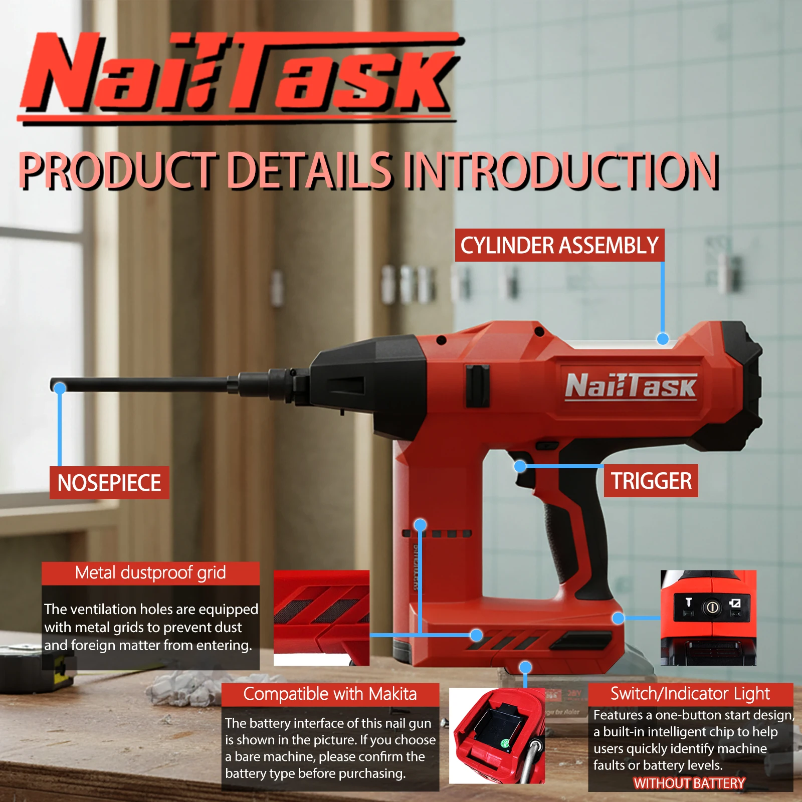 Chiodatrice isolante senza spazzole a batteria NailTask compatibile con batteria Makita (senza batteria) per parete isolante in lana di roccia