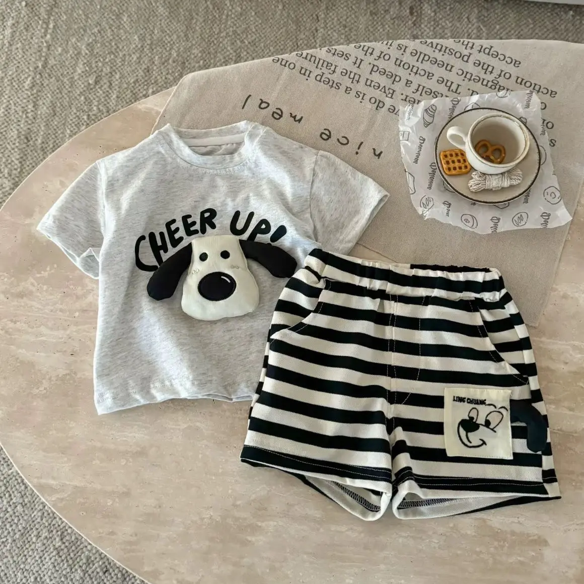Children's Set Boys Girls Kids Suit Three-dimensional Puppy Summer New Style Cute Print Short-sleeved Shorts Two-piece Suit