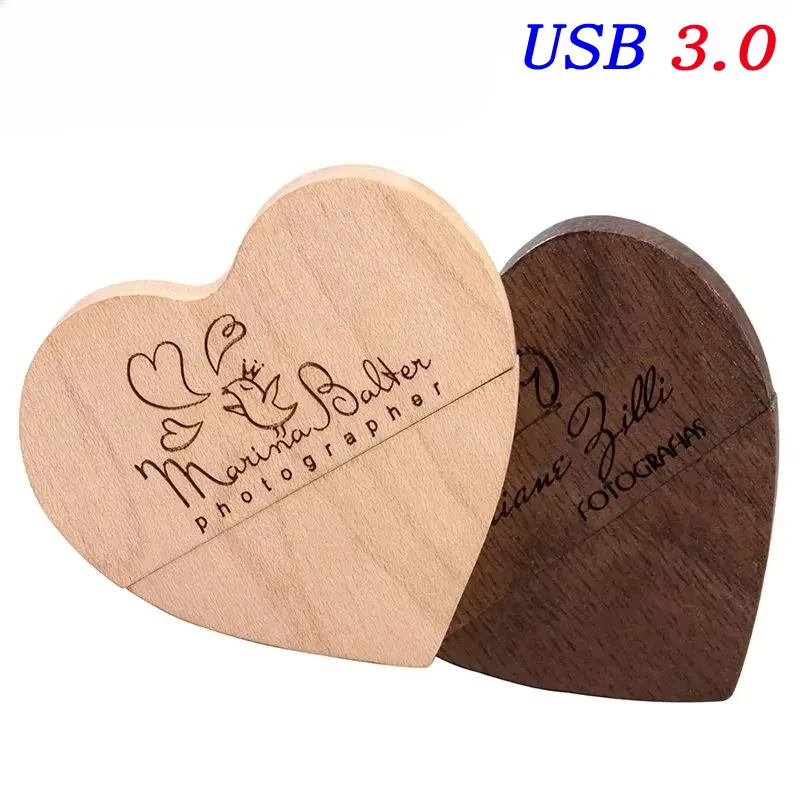 Wedding Love Free Custom Logo Wooden Gift Box USB 3.0 Flash Drive High Speed Pen Drive Maple Real Capacity Memory Stick 64GB
