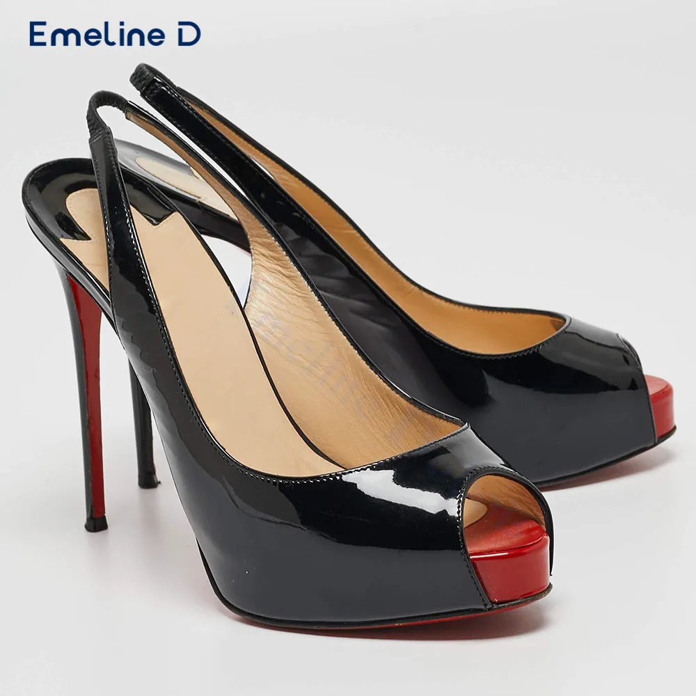 

Black Patent Leather Open Toe Fish Mouth Pumps with Hollow Back Stiletto High Platform High Heels Sexy Women's Shoes