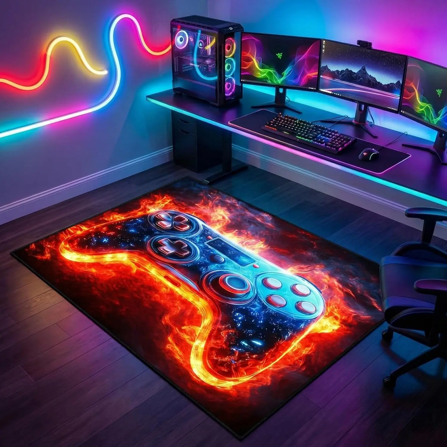 Alfombra para Controlador de Videojuegos con Diseño de Llama de Neón, Estampado de Galaxia y Estrellas, Alfombra Suave Lavable Antideslizante para Dormitorio, Sala de Juegos, Decoración Interior