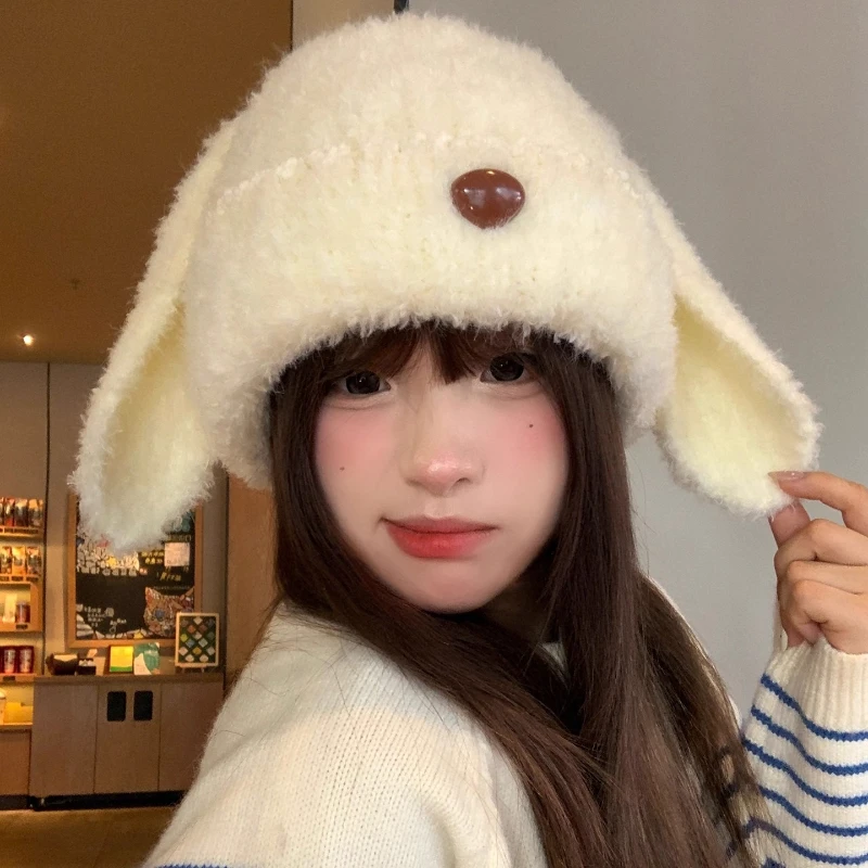 Autumn winter new cute long ear knitted plush hat women outdoor cycling ear protection warm cold-proof all-match pullover hat