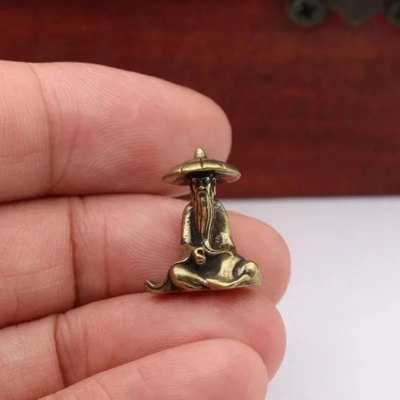 Retro Mini Brass Fisherman Figurine Miniature, Elder Fishing Man Small Statue Ornament, Tabletop Household Home Craft Decor