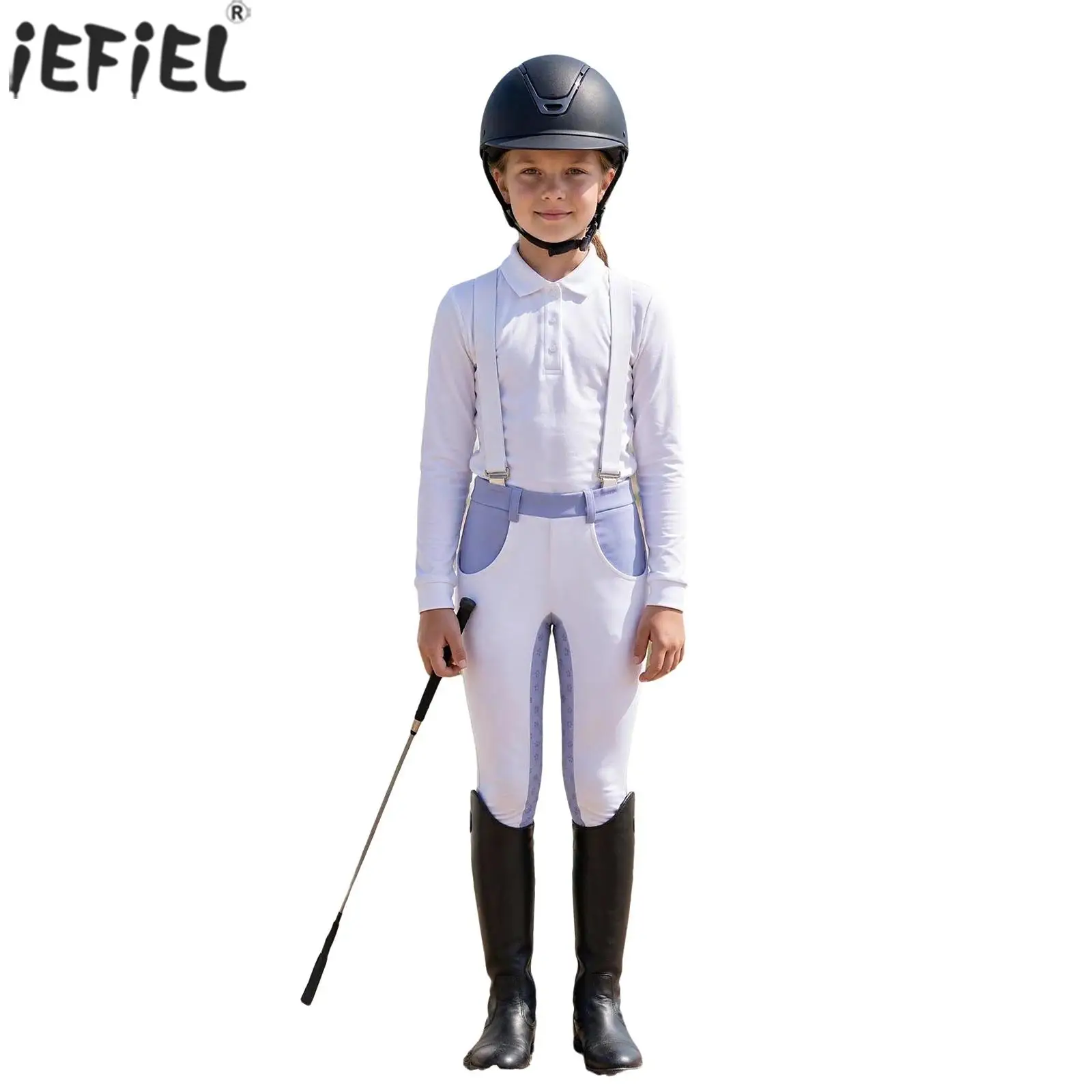 Girls Horse Riding Pants Full Seat Equestrian Breeches Elastic Waistband Non-slip Leggings with Shoulder Straps Schooling Tights