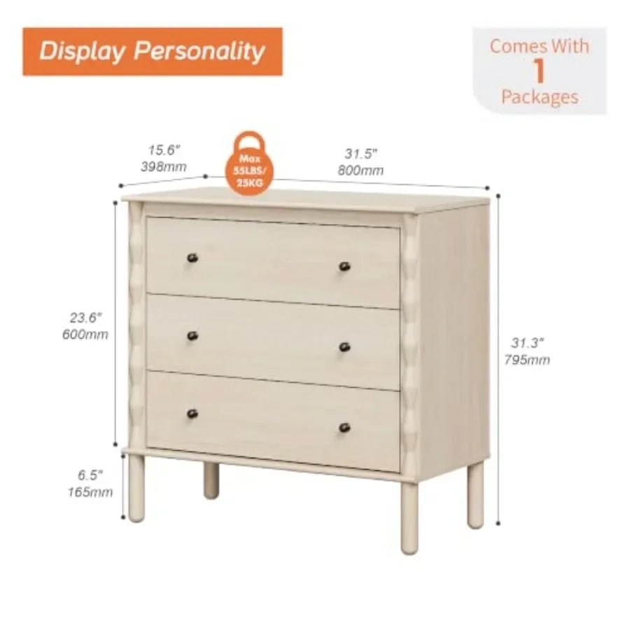 25.6 Wide 3-Drawer Buffet Sideboard for dining room, engineered wood, walnut finish, smooth-gliding drawers and concealed stora