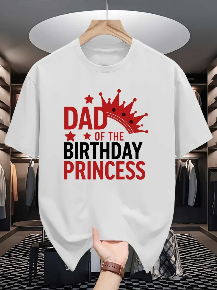 Men Summer Short Sleeve Tee Dad of The Birthday Princess Crown Print Casual Loose Crew Neck Fashion Streetwear Daily Basic Top
