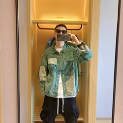 Male Jean Coats Spliced Geometric Autumn Men's Denim Jacket Green American Retro Autumn Denim Jacket Korean Fashion Y2K Clothes
