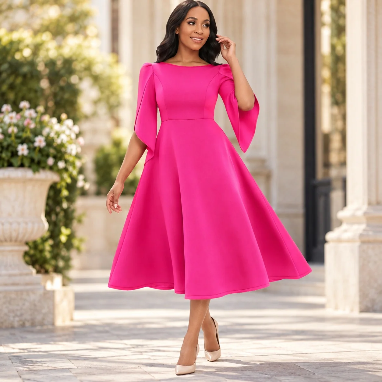 Single Pullover Gown with Full Skirt Elegant Midi Length Zipper Front Three Quarter Sleeve Socialite Style Autumn for Women