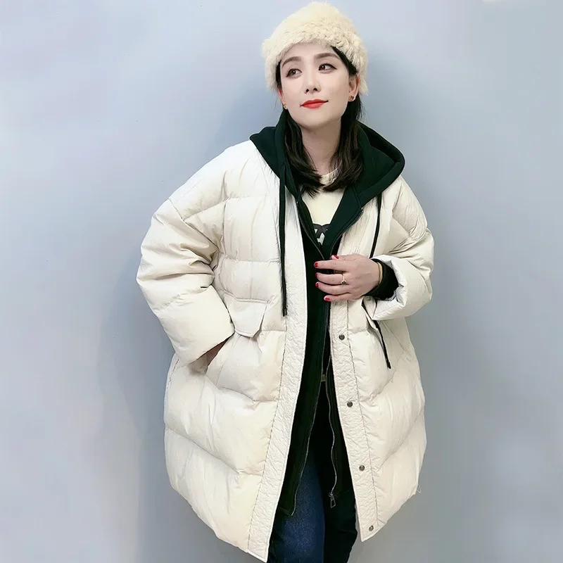 Women White Duck Down Over Size Jacket Autumn Winter Warm Casual Outwear with Hood Fake Two Pieces Patchwork Coat 2024