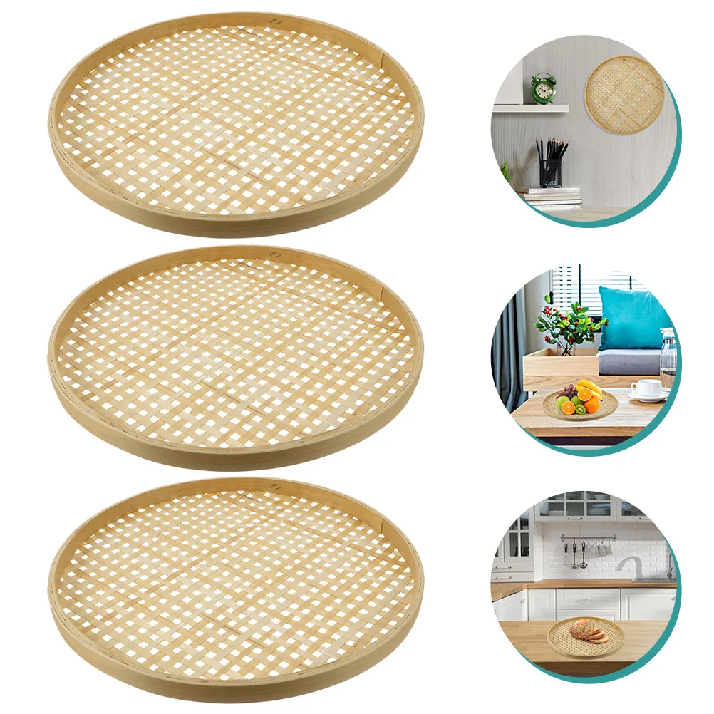 

3 Pcs Bamboo Woven Low Basket Storage Traditional Fruit Sieve Bread Colander Strainer Kitchen Accessories