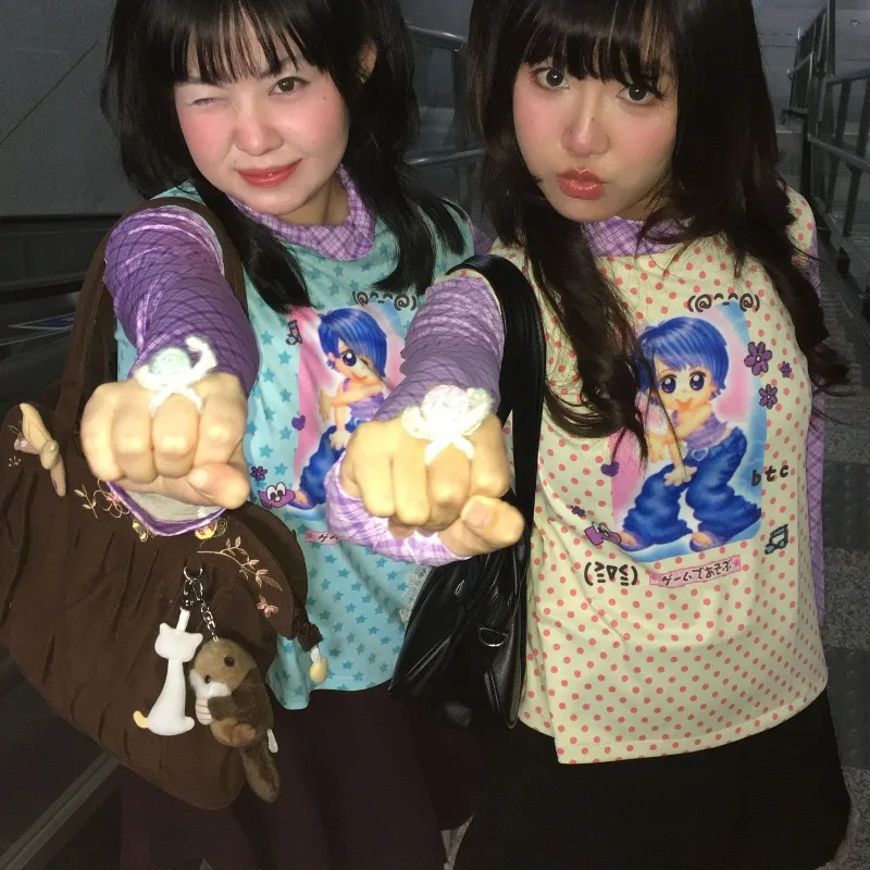 

Retro Cartoon Y2K Millennium Long Sleeved Tshirt for Girls Japanese Semi High Neck Slim Contrast Print New Daughter's Clothing