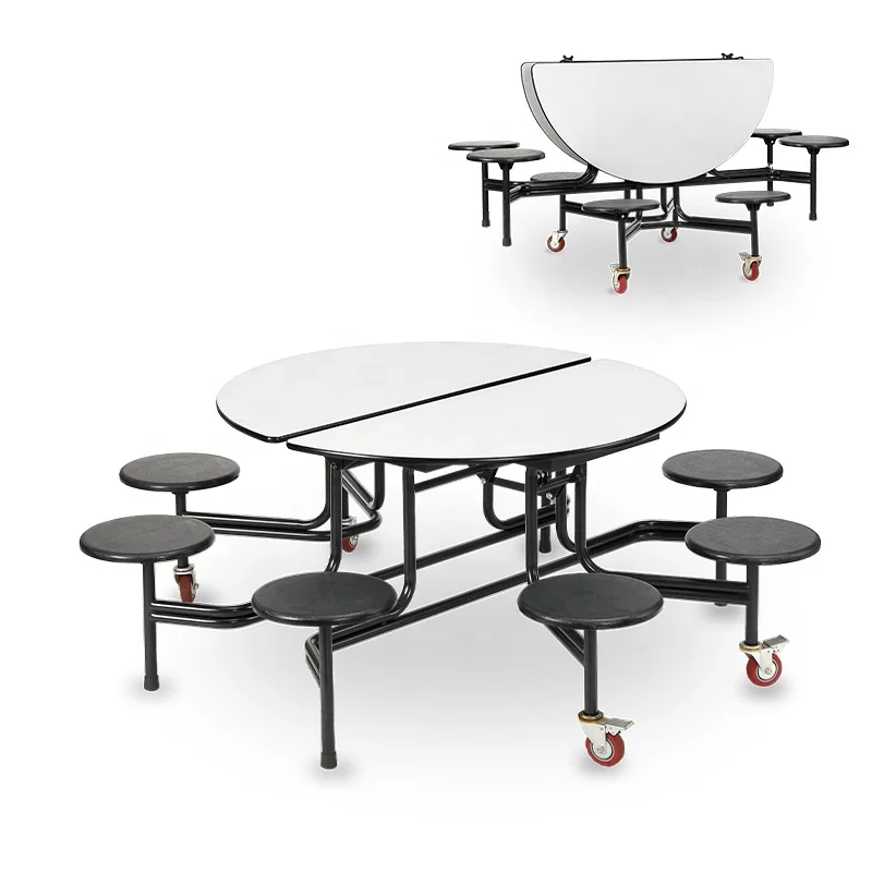 Canteen Table School Furniture 8 Seat Round Dining Table Set Modern Folding Dining Tables and Chairs