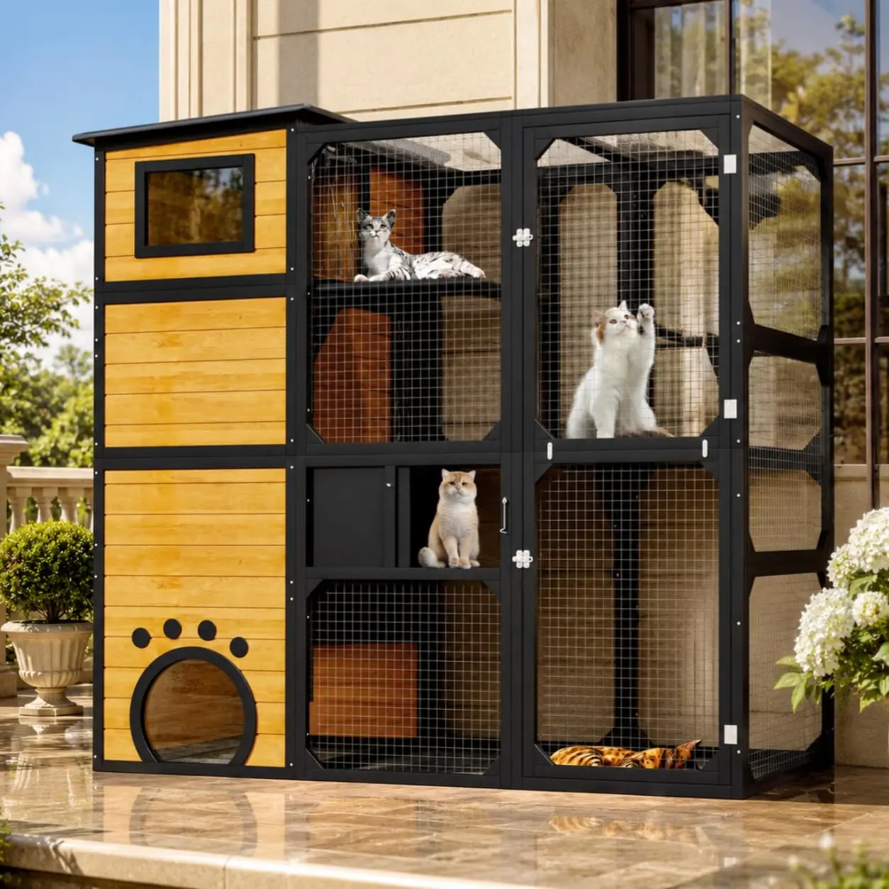 Tier Wooden Outdoor Cat Enclosure for Multiple Cats with Insulated Shelters3 Platforms, Walk-in Door & Window Access, Customized