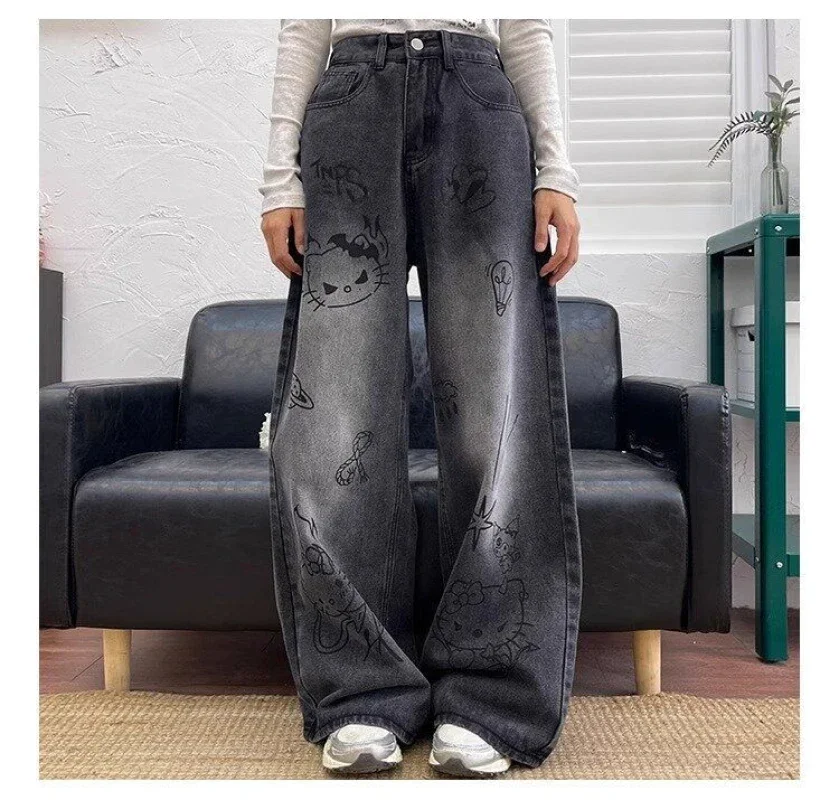 Vintage Cartoon Niedliche Gekritzel Y2k Jeans Amerikanische High Street Allgleiches Hosen für Frauen 2024 Frühling Sommer Neue Jeans Frauen