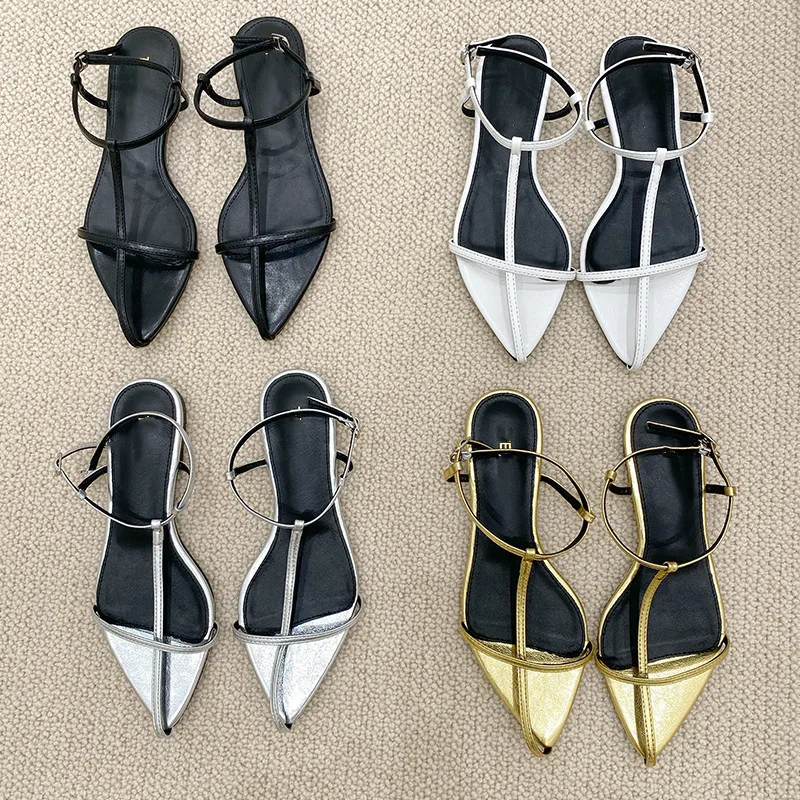 Bailamos Women Sandals 2022 New Fashion Narrow Band Flat Heel  Pointed Toe Ankle Buckle Zapatos Muje Ladies Gladiator Shoes