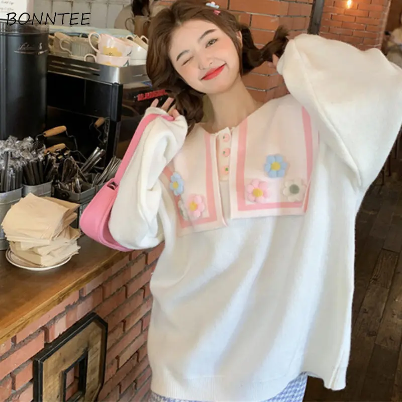 

Sailor Collar Pullovers Women Sweet Loose Simple Knitting Streetwear Spring Schoolgirls All-match Korean Style Fashion Ins New