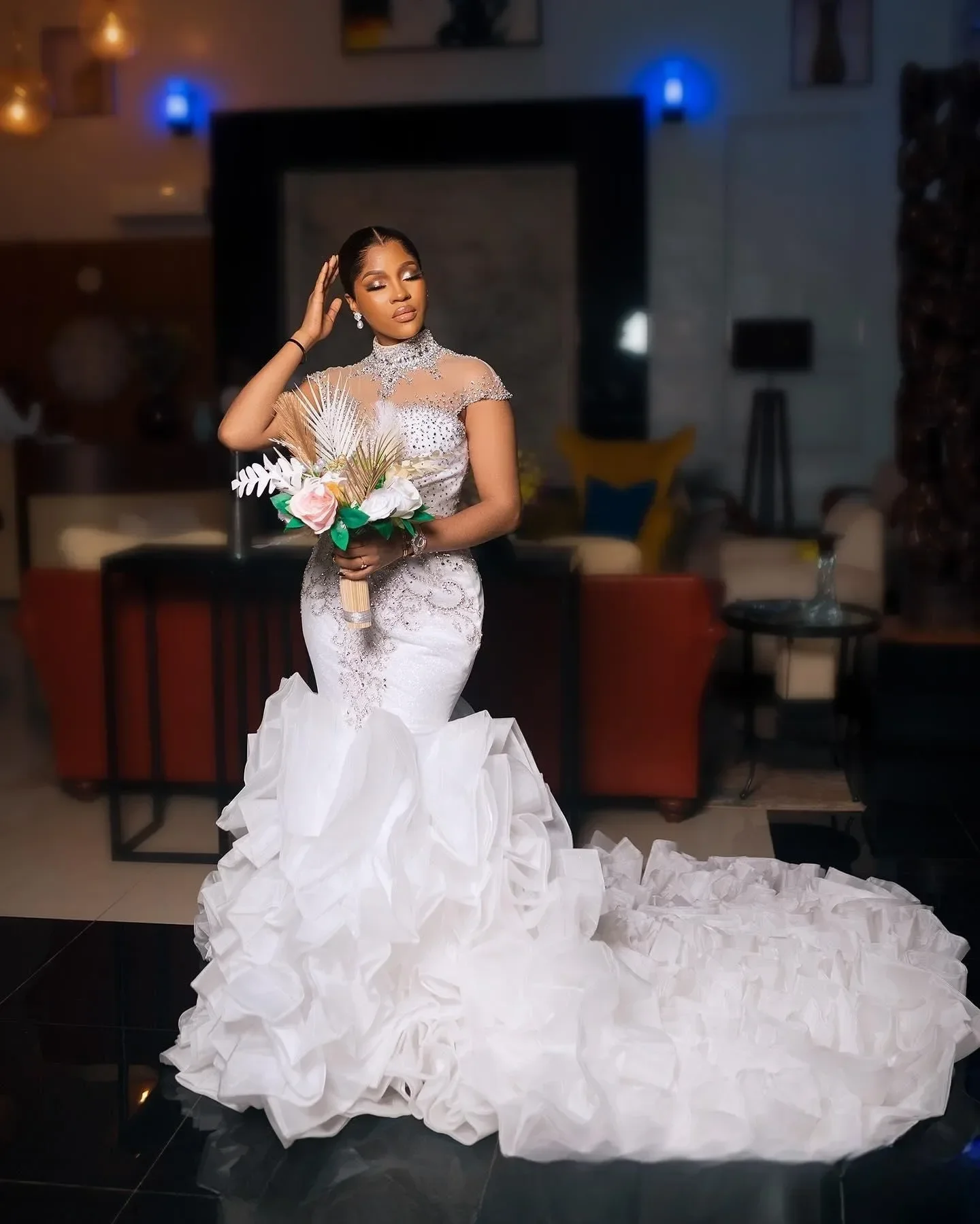 

Customized High Collar Sparkly Crystals Beads Wedding Dress Cap Sleeves Arabic Plus Size Formal Cascading Ruffles Bridal Gown