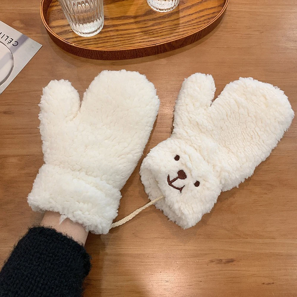 Cute Bear Plush Warm Gloves Winter Thick Fingerless Mittens Japanese Anime Gloves with Ropes Outdoor Hand Warmer Riding Mittens