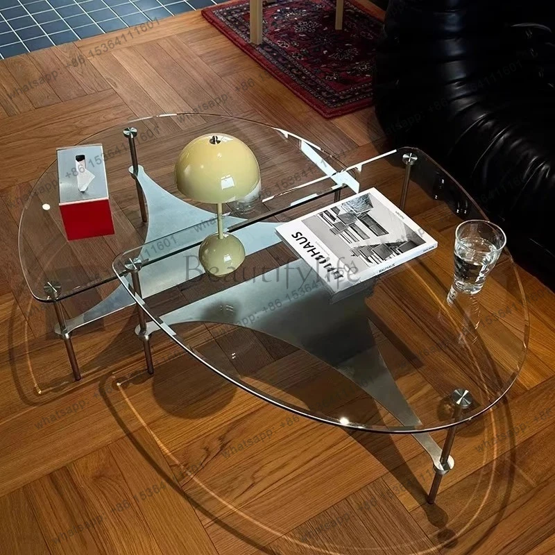 

Coffee Table Combination Tempered Glass Living Room Oval Coffee Table Stainless Steel Household Coffee Table