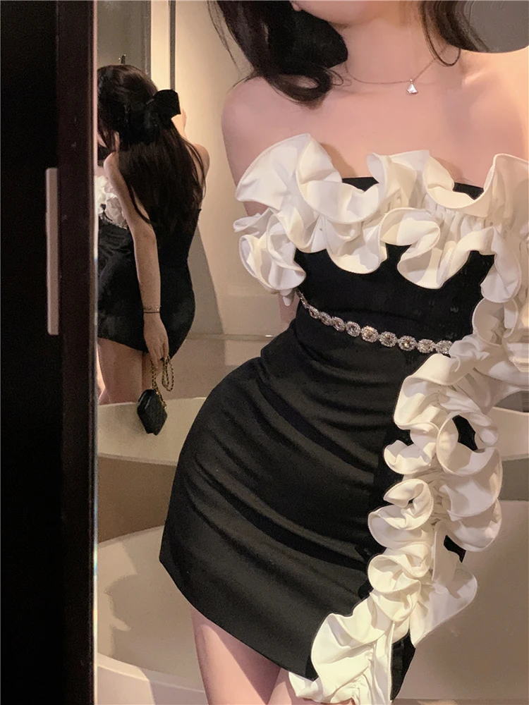 Strapless Black Mini Length Bodycon Wedding Dress With Flowers Sexy Floral Party Dresses